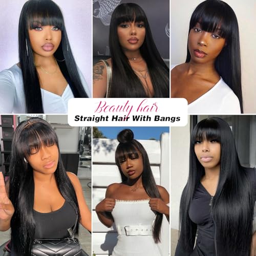 Lace Front Wigs With Bangs 2x4 Human Hair Wigs For Women 200% Density Brazilian Virgin Hair Glueless Wig Natural Black Color(22 Inch)