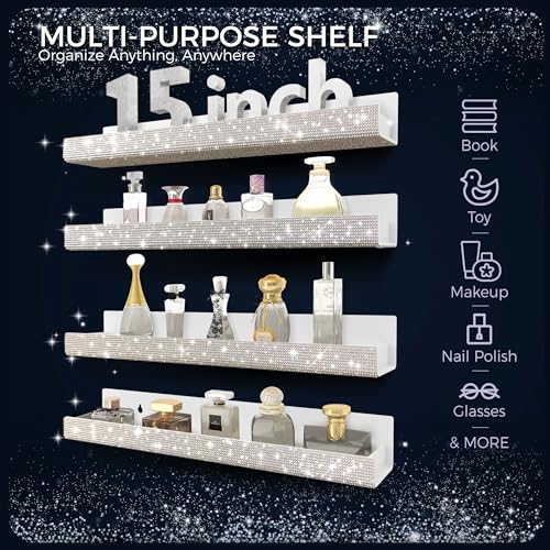 Care&More YJ 4 Pack 15 Inch Nail Polish Wall Rack£¬Diamond Crystal Rhinestone Acrylic Nail Polish Organizer£¬Sunglasses Essential Oil Picture Display Storage Wall Shelf