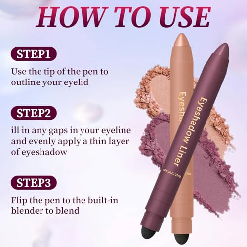 2PCS Shadow Liner 2-in-1 Eyeliner Eyeshadow, Inelaborate Eye Shadow, Shadow Liner Duo Plum, 2-in-1 Eye Makeup Eyeliner + Eyeshadow Waterproof, Smooth and Easy to Color (Champagne+Purple)