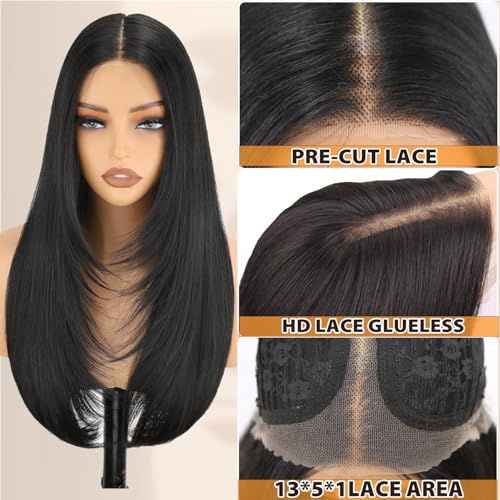 NOSTALGIA Black Wear and Go Glueless Wigs Straight Lace Front Wig Pre Cut Glueless Synthetic Layered Wig 24 Inch Middle Part Closure Wig For Women