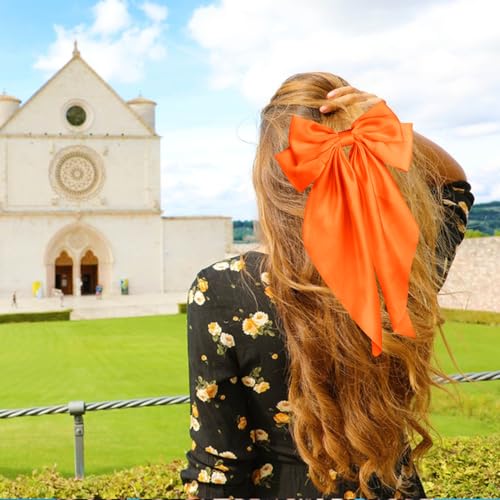 Pufandor Hair Bow Silky Satin Hair Ribbons for Women, Orange Bows for Girls Hair Bowknot Barrettes Long Tails with Clips Big Hair Bows Hair Accessories (Orange 1pc)