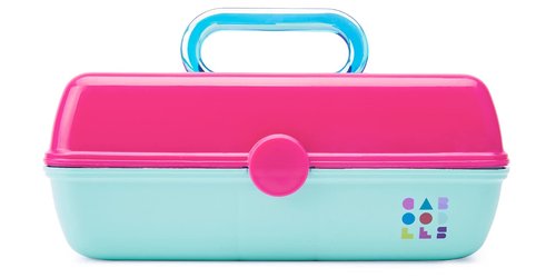 Caboodles Pretty In Petite - Social Butterfly Makeup Organizer | Compact Carrying Cosmetic Case, Hot Pink Lid & Blue Base