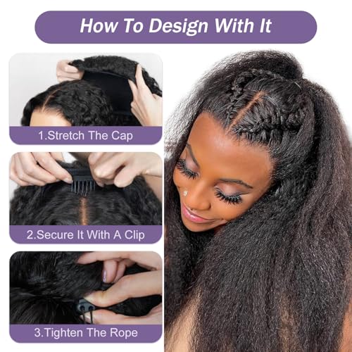 OQ Hair Kinky Straight Half Wig Human Hair Adjustable Drawstring 180% Density 3 In 1 Beginner Friendly Glueless Wear and Go Half Human Hair Wig for Women 20 Inch
