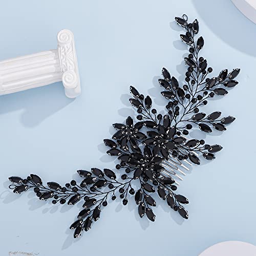 Teyglen Women Luxurious Bridal Hair Accessories - Dainty Large Crystal Pearl Flower Headband, Shiny Rhinestone Side Combs for Brides and Girls (Black)