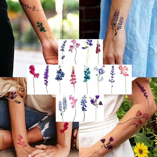 15 Sheets Watercolor Flower Lavender Temporary Tattoos For Women Adults, Water Color Tiny Wild Floral Tattoo Sticker, Fake Tattoos That Look Real And Long Lasting