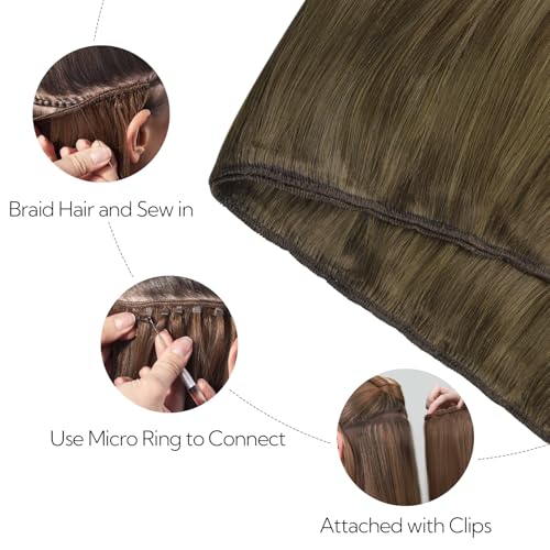 HOTBANANA Sew in Hair Extensions, 22inch 110g Ombre Walnut Brown to Ash Brown and Bleach Full Head Weft Real Human Hair Extensions Straight