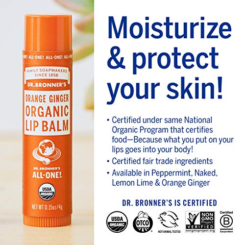 Dr. Bronner's - Organic Lip Balm Variety Peppermint, Orange Ginger, Naked, Lemon Lime) - Made with Organic Beeswax and Avocado Oil, For Dry Lips, Hands, Chin or Cheeks, 0.15 Ounce (Pack of 4)