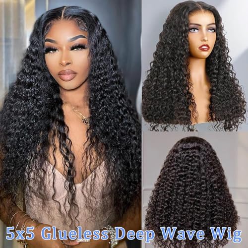 30Inch Glueless Wigs Human Hair Pre Cut 5x5 Deep Wave Lace Closure Wigs 180% Density Wear and Go Curly Wig for Black Women Natural Black Color Small Head Friendly