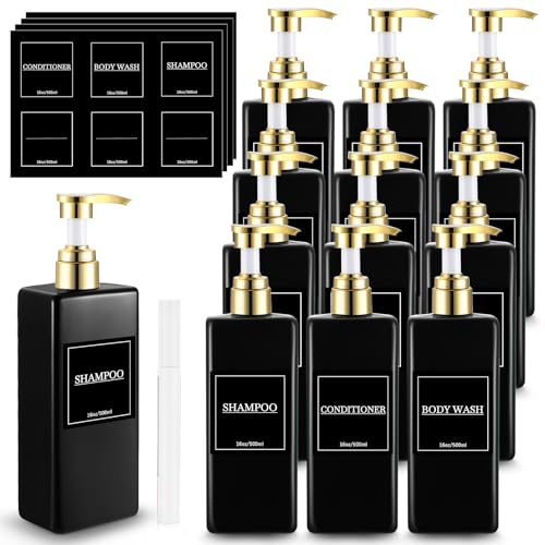 Gejoy 12 Pack Shampoo and Conditioner Dispenser Bottles, 17 Oz/ 500ml Refillable Empty Pump Bottles with Labels and Marker Pen, Plastic Pump Dispenser Bottle for Bathroom Kitchen Soap Lotion(Black)