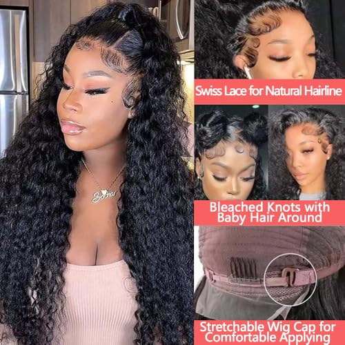34 Inch Curly Human Hair Wig Deep Wave 13x6 Lace Front Wigs Human Hair Pre Plucked 180% Density Glueless Wigs Human Hair HD Lace Frontal Wigs Natural Color