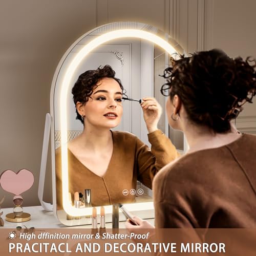 Hasipu Vanity Mirror with Lights, 11"¡¿ 14" Arched LED Makeup Mirror, Lighted Makeup Mirror with Lights, Smart Touch Control Dimmable 3 Modes Light 360¡ÆRotation White