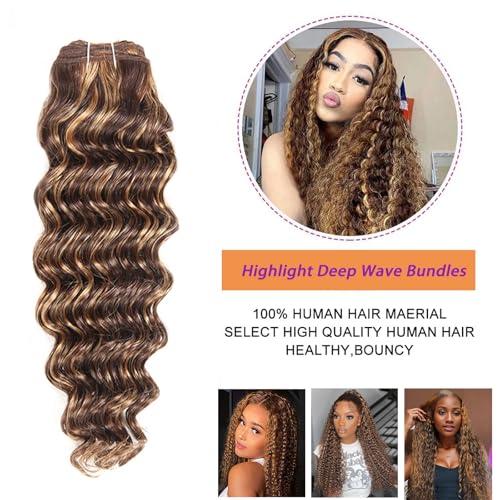 Deep Wave Honey Blonde Highlight Human Hair 3 Bundles with 4x4 lace closure (22 24 26 +20 inch) Free Part Brown Blonde Ombre Bundles With Closure Human Hair Weave Extensions