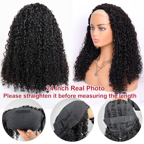 BLG Burmese Curly Human Hair Half Wig for Black Women 300% Density 3 In 1 Half Wig Human Hair 24 Inch Spiral Curly Wear and Go Drawstring Wigs Natural Color Quick Install Beginners Friendly Wigs