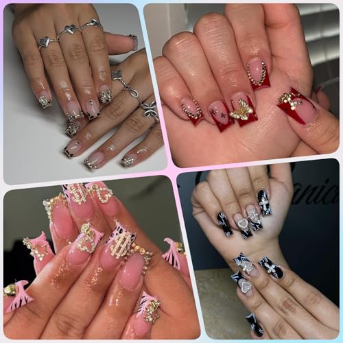 64 Pcs Gold Nail Charms and Gems Y2k Charms for Nails Design Metal Nail Jewels for Nail Art 3D Nail Bow Cherry Butterfly Star Cross Heart Money
