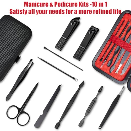 Manicure Set 10 in 1 Mens Gifts Travel Nail Clippers Set for Him, Mens Grooming Manicure Kit Pedicure Tools for Men Women Girls Boys Parents Husband Wife with Black Leather Case