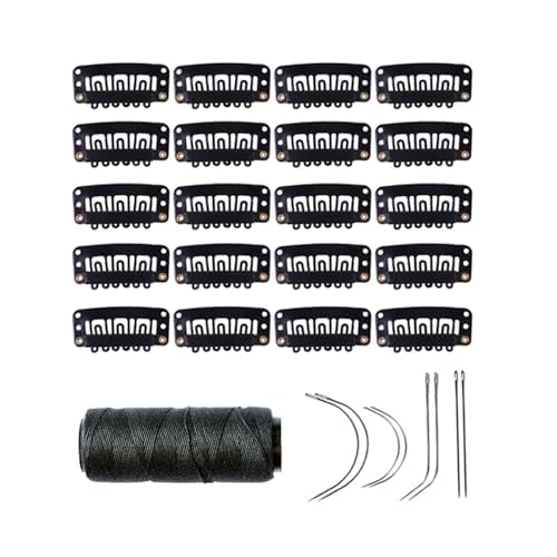 YANTAISIYU 20 Pieces 32mm U Shape Wig Clips Hairpieces Snap Clips for Hair Extensions Making Wig Accessories Set with Needle and Thread Tools (Black)
