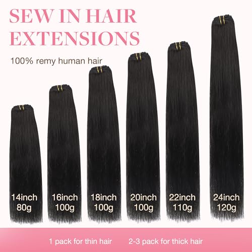 GOO GOO Sew in Hair Extensions Real Human Hair, Weft Hair Extensions Human Hair, 1B Natural black 22inch 110g, Weft Bundles Straight Silky Remy Hair