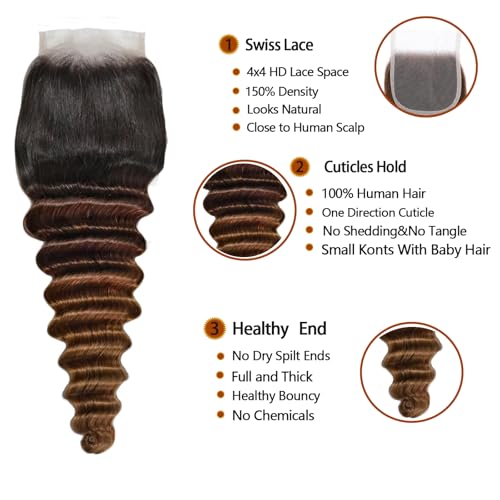 Human Hair Bundles with Closure Quick Weave TB/2/30 Highlight Ombre Loose Deep Wave Human Hair Bundles with 4x4 HD Closure 20 22 24+20free Loose Wave Hair 3 Tone Black to Blonde Extensins