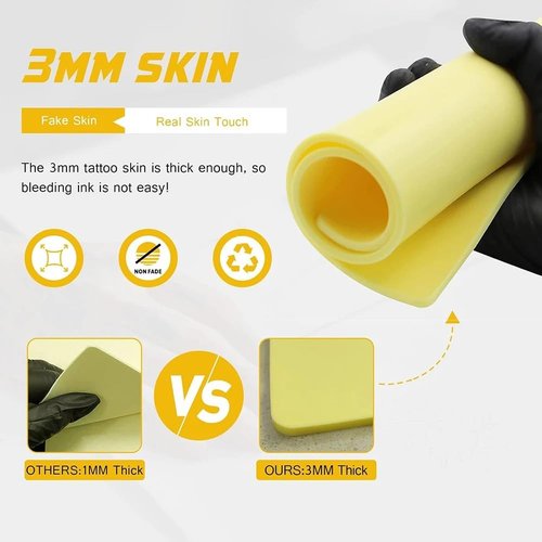 Yuelong 3mm Tattoo Skin Practice 10Pcs Fake Skins Thick 3mm Soft Pure Silicone Double Sides 7.4x5.6" Tattooing Eyebrow Practice for Beginner & Experienced Artist