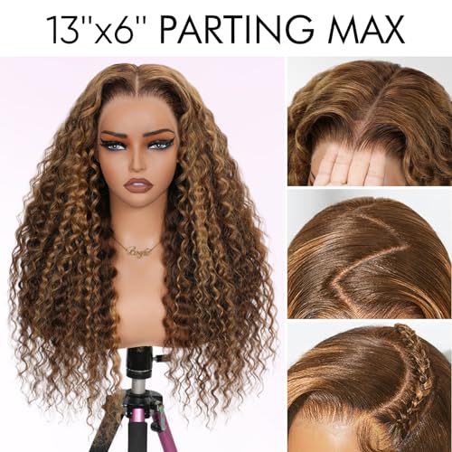 Honey Blonde Deep Wave Lace Front Wigs Human Hair 250% Density 13x6 Curly HD Transparent Ombre Lace Frontal Wigs Human Hair Wet and Wavy Wig Pre Plucked with Natural Hairline 20 Inch