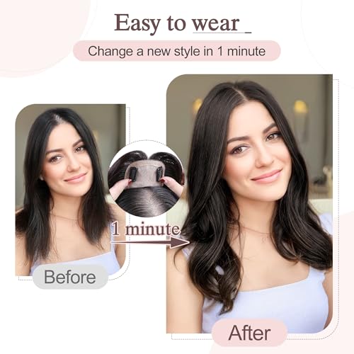 SEGO Hair Toppers for Women Real Human Hair Large Full Silk Base 9 * 14 cm Free Part No Bangs 150% Density Clip In Topper Hairpieces for Women with Thinning Hair -16 Inch #1B Natural Black