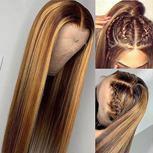 Pizazz Highlight Lace Front Wigs Human Hair Pre Plucked Honey Blonde Color 9A Brazilian Straight Lace Frontal Human Hair Wigs for Women 4/27 Color (4/27 Color Straight Wig, 22 Inch)