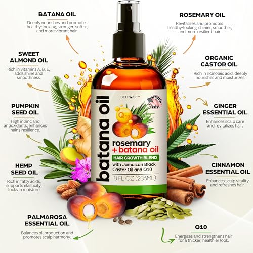 Batana Oil for Hair Growth Oil with Rosemary Castor, 100% Pure, Organic, Cold-Pressed, Unrefined Batana from Honduras by Dr. Sebi - Natural, Vegan, for Strong Roots and Thick Hair, 8oz
