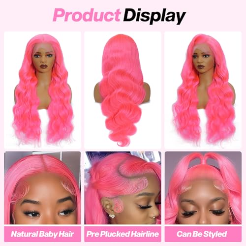 Pink 13x6 Lace Front Wigs Human Hair 200 Density HD Wear and Go Glueless Body Wave Lace Front Wigs Human Hair Pre Plucked Pre Cut Frontal Body Wave Wig for Women 30 Inch