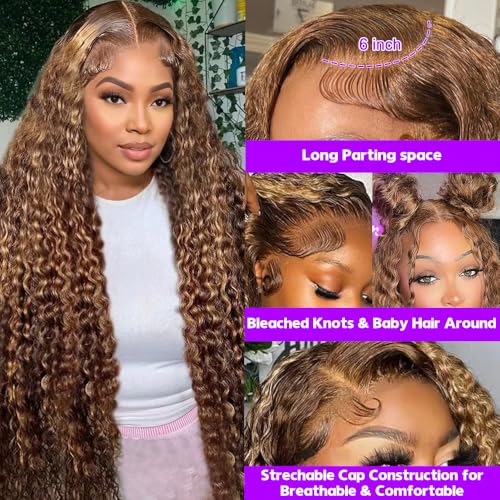 30 Inch Honey Blonde Wig Human Hair 13x6 HD Transparent Ombre Lace Front Wig Human Hair 4/27 Deep Wave Highlight Wig Glueless Curly Wigs for Women