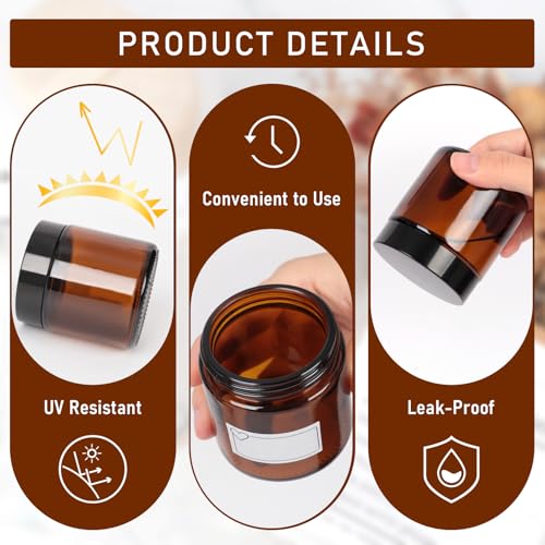 4oz Amber Glass Jars with Lids 2Pack, Small Salve Containers with Inner Seal for Creams, Candles,Accessories and DIY Lotions, White Stickers Included