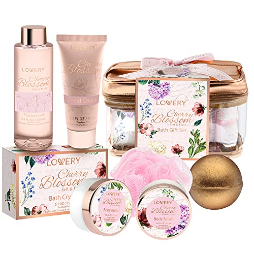 Bath and Body Gift Basket For Women, Cherry Blossom Home Spa Set, Body Lotion, Shower Gel, Extra Large Bath Bomb, Body Butter, Body Scrub, Bath Crystal, Puff & Rose Gold Cosmetic Bag