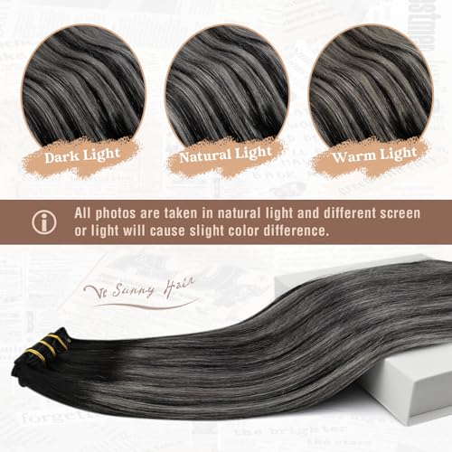 Ve Sunny Clip in Hair Extensions Real Human Hair Black Ombre Clip in Human Hair Extensions for Women Human Clip in Hair Extensions Natural Black Grey Silver Easy-to-wear 7pcs 120g 20inch