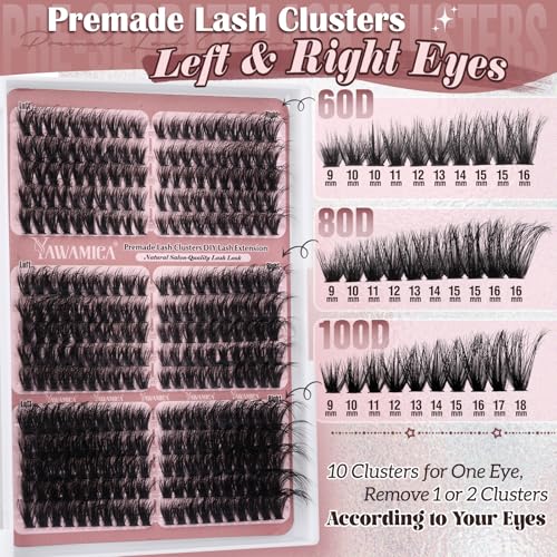Yawamica Cat Eye Lash Clusters Fluffier Cluster Eyelash Extensions Wispy Individual Lashes Premade Eyelash Clusters Left Right Cluster Lashes 60D 80D 100D Volume 300pcs Eye Lashes Clusters DIY Lash