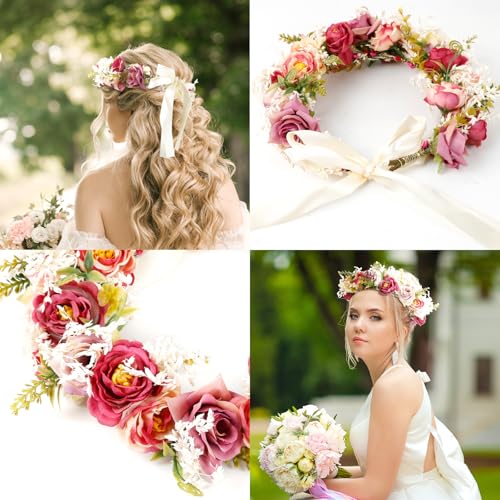 Rose Flower Crown Women Boho Flower Headband Hair Wreath Floral Headpiece with Ribbon Flower Leaves Crown for Wedding Festival Party Photos