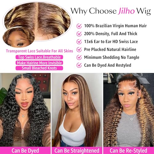 30 Inch Water Wave 13x6 HD Lace Front Wigs Human Hair Ombre Honey Blonde Wig P4/27 Highlight Wet and Wavy Curly Human Hair Frontal Wigs Pre Plucked 200 Density Glueless Frontal Wigs for Women