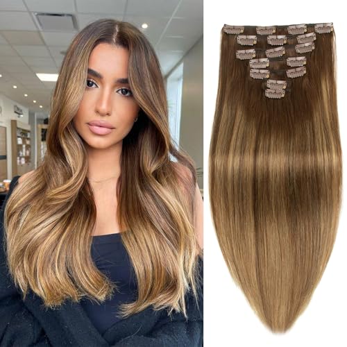 Ombre Brown Blonde Clip in Hair Extensions Real Human Hair 24 Inch 7pcs 120g Clip ins Hair Extensions Brazilian Remy Human Hair 16 Clips Double Weft Human Hair For Women
