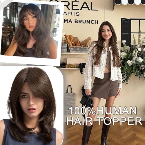 Hair Toppers for Women Real Human Hair,360¡Æ3D Big Basement Cover Topper for Women with Thinning Crown with Wispy Clip in Bangs Realistic Scalp (Medium brown, 3D Wispy Bangs 18INCH)