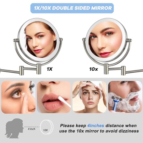 Wall Mounted Lighted Makeup Vanity Mirror with Magnification, 8 Inch Double Sides 10X Magnifying Bathroom Mirror 3 Color Lighting Touch Dimming, Extended Arm Shaving Mirror Hard Wired, Brushed Nickel