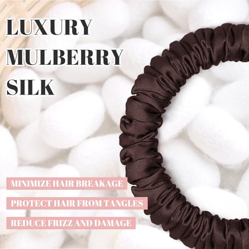 Scrunchies Hair Ties Silk Satin Scrunchy, WantGor Women 4PC Pure Mulberry Silk Skinny Elastic Scrunchies Hair Bands Bracelets Ponytail Holders Hair Accessories (Brown*4)