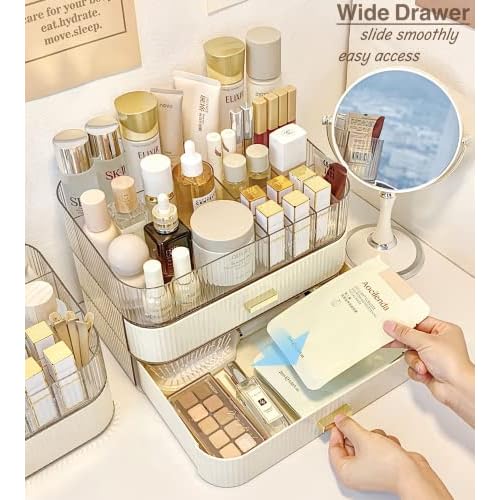 Makeup Organizer with Stackable Drawer, Cosmetic Storage Display Case for Vanity, Bathroom Countertop or Dresser,Counter top Holder for Lipstick, Brushes, Lotions, Eyeshadow, Nail Polish