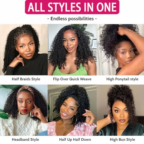 18 Inch Water Wave Half Wig Human Hair 200% Density Glueless 3-in-1 Seamless Flip Over Wear and Go Beginner Friendly Curly Half Wig Drawstring Headband Wig for Women