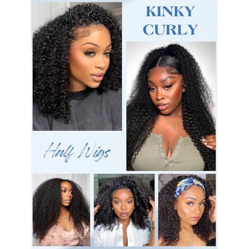 Kinky Curly Half Wig Human Hair 3-in-1 Flip Over, Headband & Drawstring Half Wigs for Black Women, 18 Inch, Seamless Glueless Wear & Go, Beginner Friendly, 180% Density Natural Curly Volume