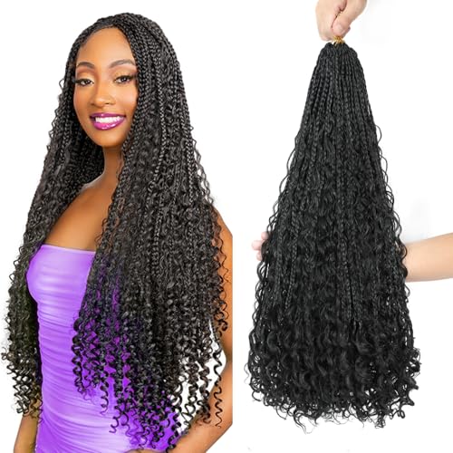 10 Packs Boho Crochet Braids Close to Human Hair Mix Protein Fiber 24 Inch Goddess Box Braids Crochet Hair Pre Looped Bohemian Box Braid with Curly Ends for Women Hair Extensions 1B