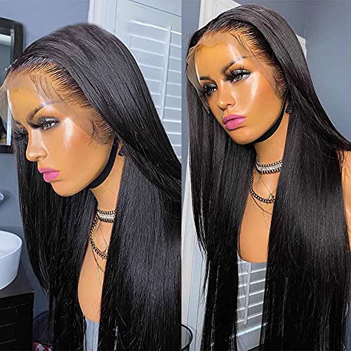 Natural Color Straight Human Hair Wig Pre Plucked Lace Front Wig Bleached Knots (24inches)