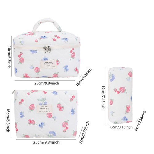 Quilted Makeup Bag Set 3 Pcs Cute Strawberry Makeup Bags For Women Large Aesthetic Floral Cosmetic Bag Coquette Cotton Makeup Pouch