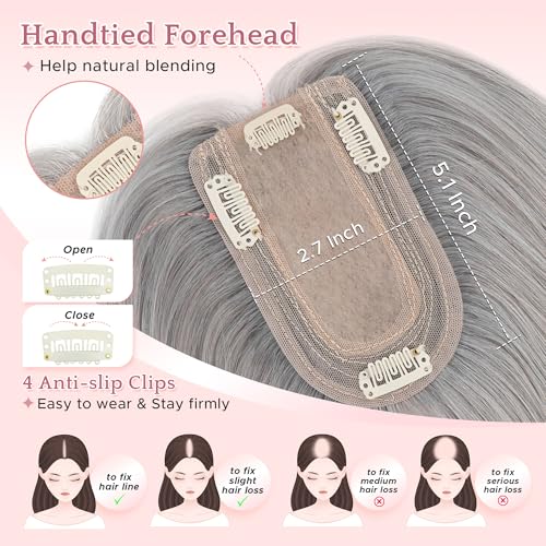 SEGO Grey Hair Toppers for Women Real Human Hair No Bangs, 7 * 13 CM Silk Base Clip In Topper Wiglet, Top Pieces Add Volume -14 Inch G1 Silver Grey