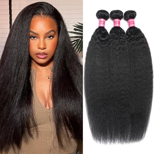 Kinky Straight Human Hair Bundles 100% Unprocessed Brazilian Virgin Hair(20 22 24 Inch)12A Silky Yaki Straight Bundles Human Hair Quick Weave for Black Women Natural Color