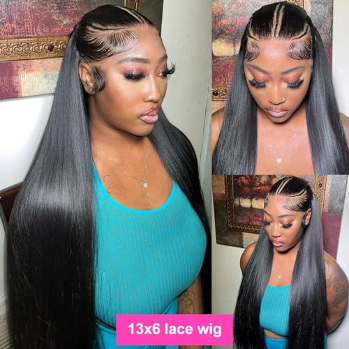 30 Inch 13x6 Straight Lace Front Wigs Human Hair Thin HD Glueless Pre Plucked Bleached Tiny Knots Full Lace Frontal Wig Upgraded 14A Soft Hair 200 Dentisty Black Wig