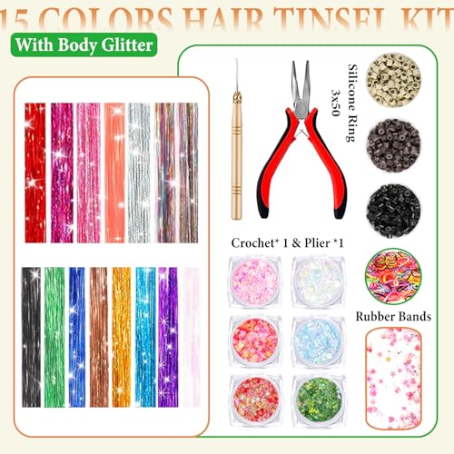 Hair Tinsel Kit With Body Glitter 15 Colors 48 Inch 4500 Strands Glitter Tinsel Hair Extensions With Tools Fairy Hair Accessories, Suitable for Festivals and Daily Use (15 Colors Hair Tinsel Kit)