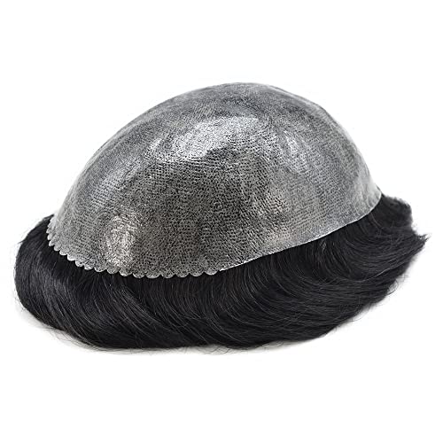 Toupee for Men Hair System Full Poly Mens Toupee Injected PU Durable Mens Hairpieces European Human Hair Units Durable Mens Wigs Replacement System (8X10"-120% Density, 1B# Natural Black)